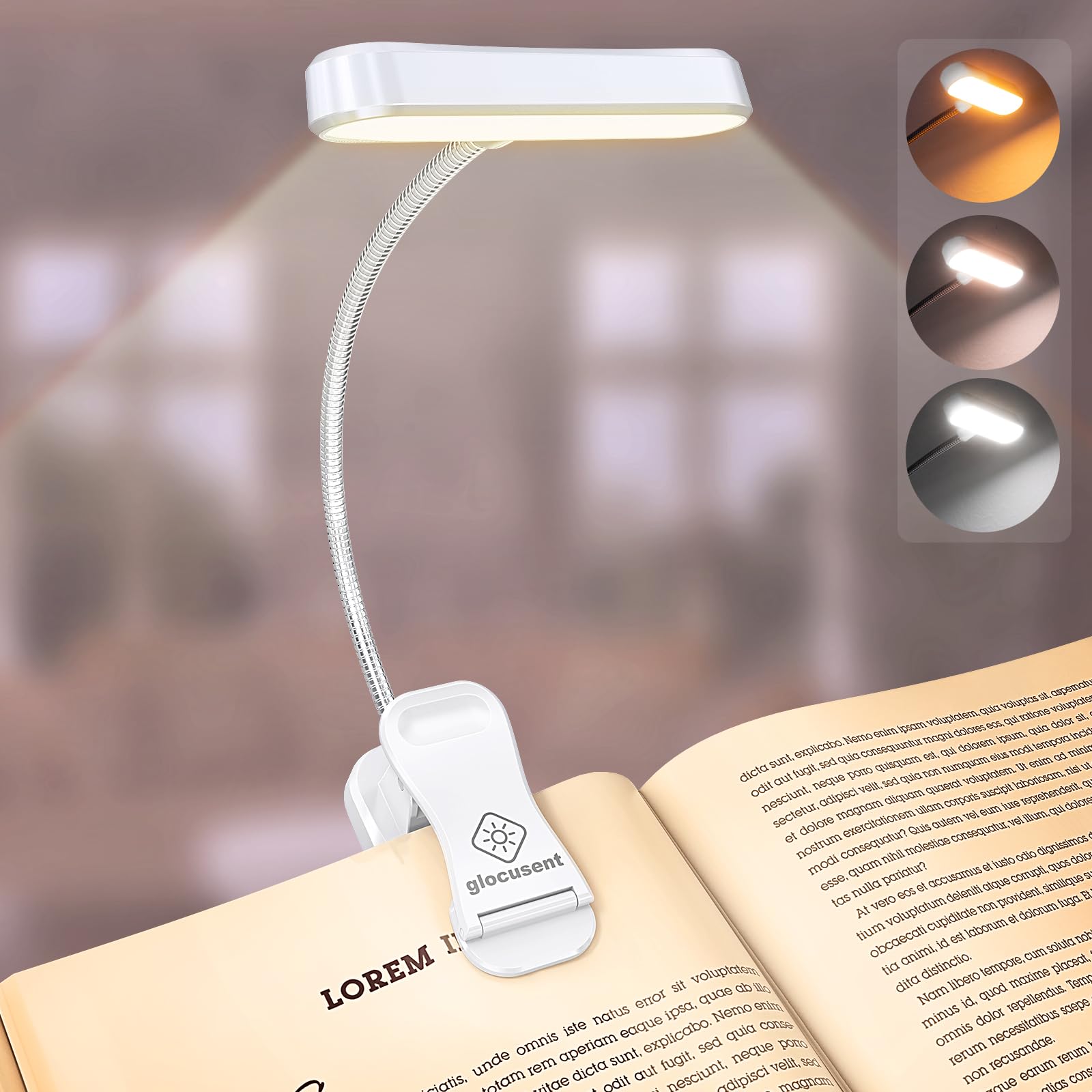 Glocusent Horizontal ET-Head Book Light for Reading in Bed, Eye Caring, CRI 95, 3 Colors & 5 Brightness, Rechargeable Long Lasting Reading Light, 1.4Oz Lightweight & Portable, Perfect for Book Lovers
