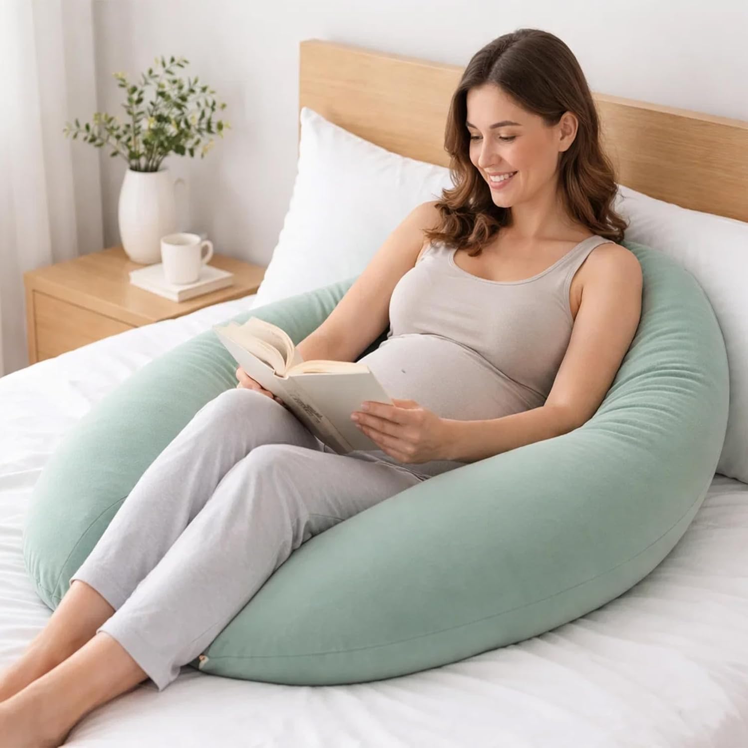 Pregnancy Pillow for Side Sleeping, 74 Inch C Shaped Long Body Pillow, Sleep Bolster Pillow, Maternity Body Pillow with Removable Cover, Soft and Supportive, Light Green