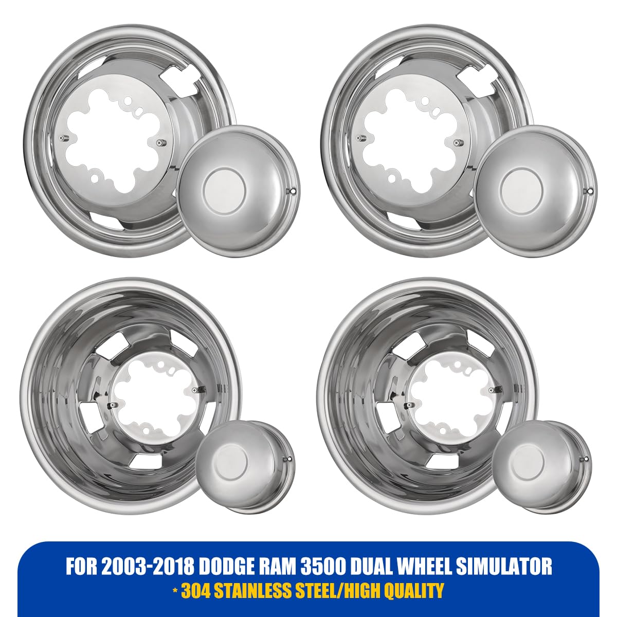 CPW 17 Inch Dually Wheel Simulators Fit for 2003-2018 Dodge Ram 3500, Stainless Material Dually Wheel Cover Set of 4, Bolt On Trucks Hubcap Kit (17 Inch -Stainless)