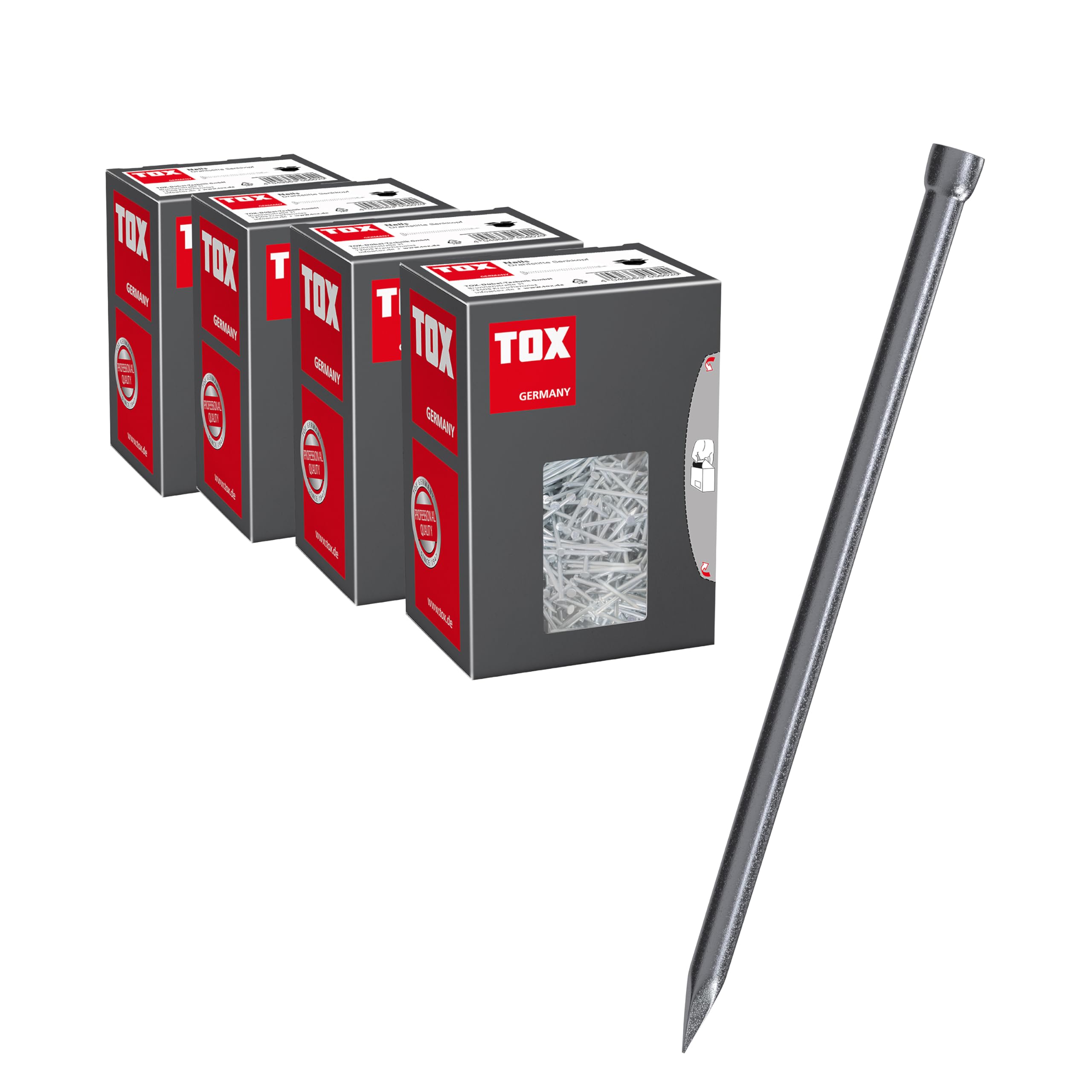 TOX Drahtstifte Nails in 4 Größen mit Stauchkopf, Set für beinahe unsichtbare Befestigungen in Holz - 2,0x40 / 2,2x50 / 2,5x60 / 3,1x70 mm - blanker Stahl, jeweils 400 g im Karton, 063909009