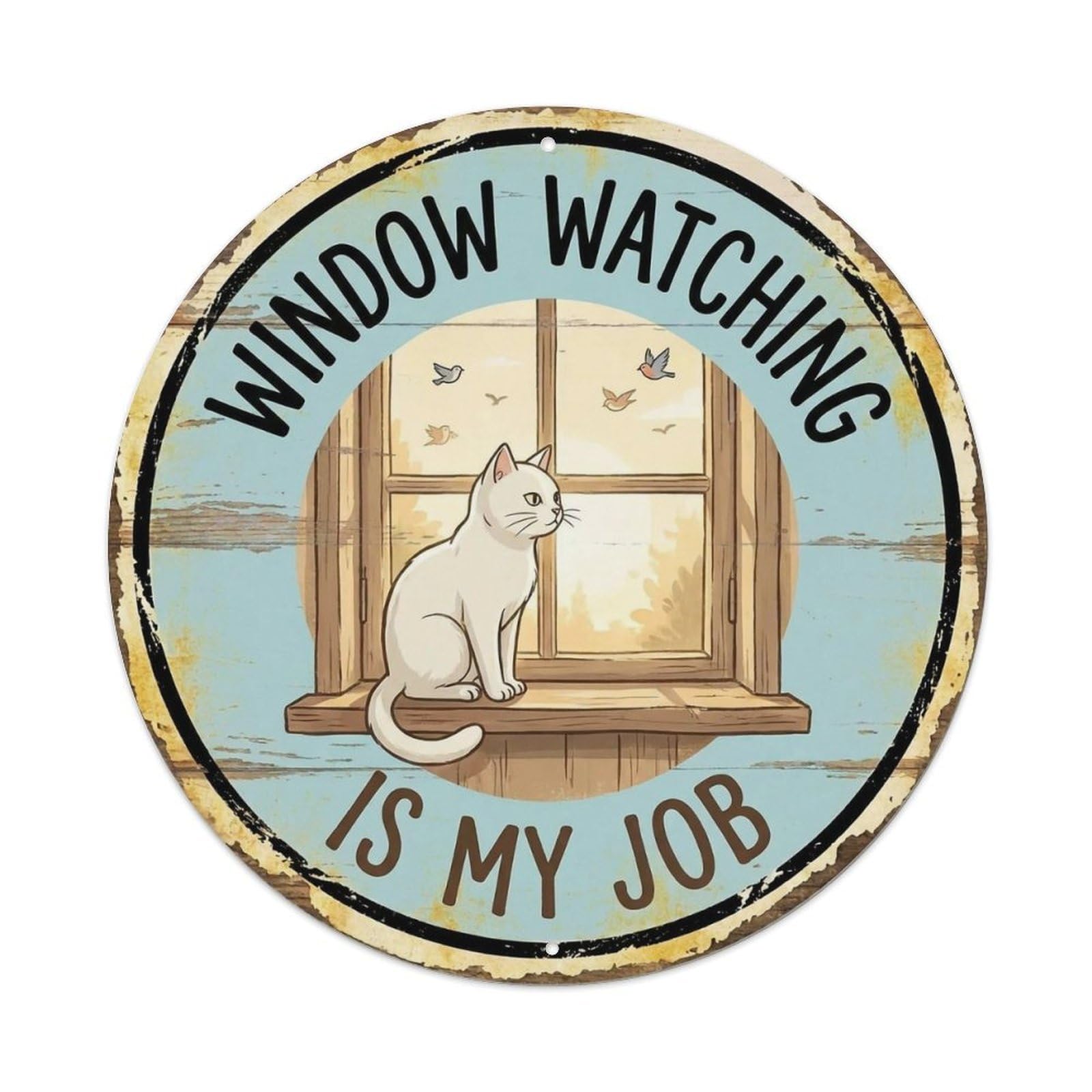 Cat Window Watching Round Wall Hanging Metal Tin Sign