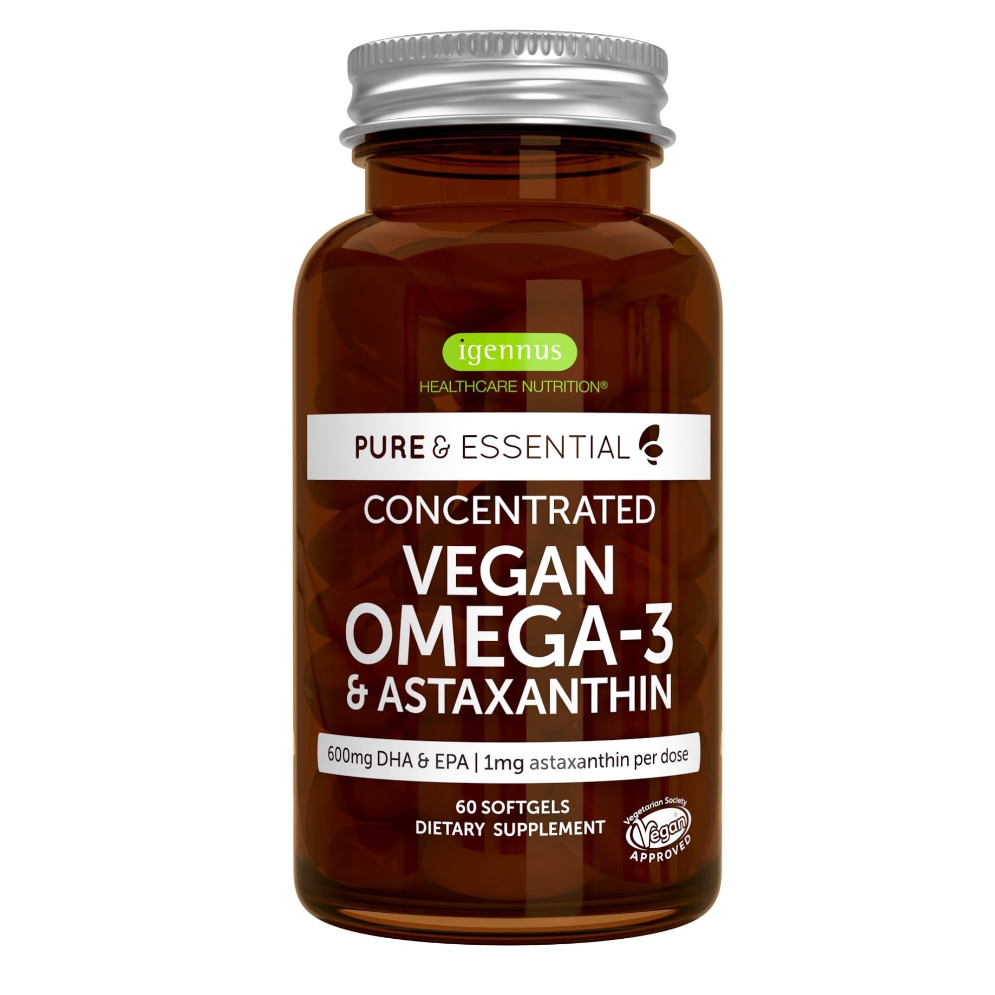 Igennus Pure & Essential Vegan Omega 3 & Astaxanthin, High Concentration EPA DHA Algae Oil, Sustainable & Pure, 600mg DHA & EPA for Heart, Brain & Eye Health, 60 Small Softgels