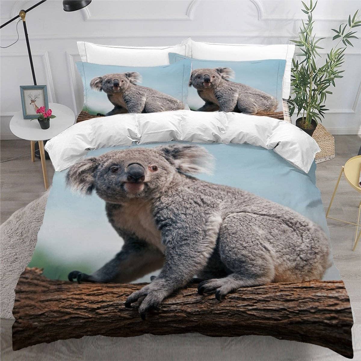 Housse de couette 240x260 doux motif koala et sa parure de lit 2 personnes avec fermeture éclair