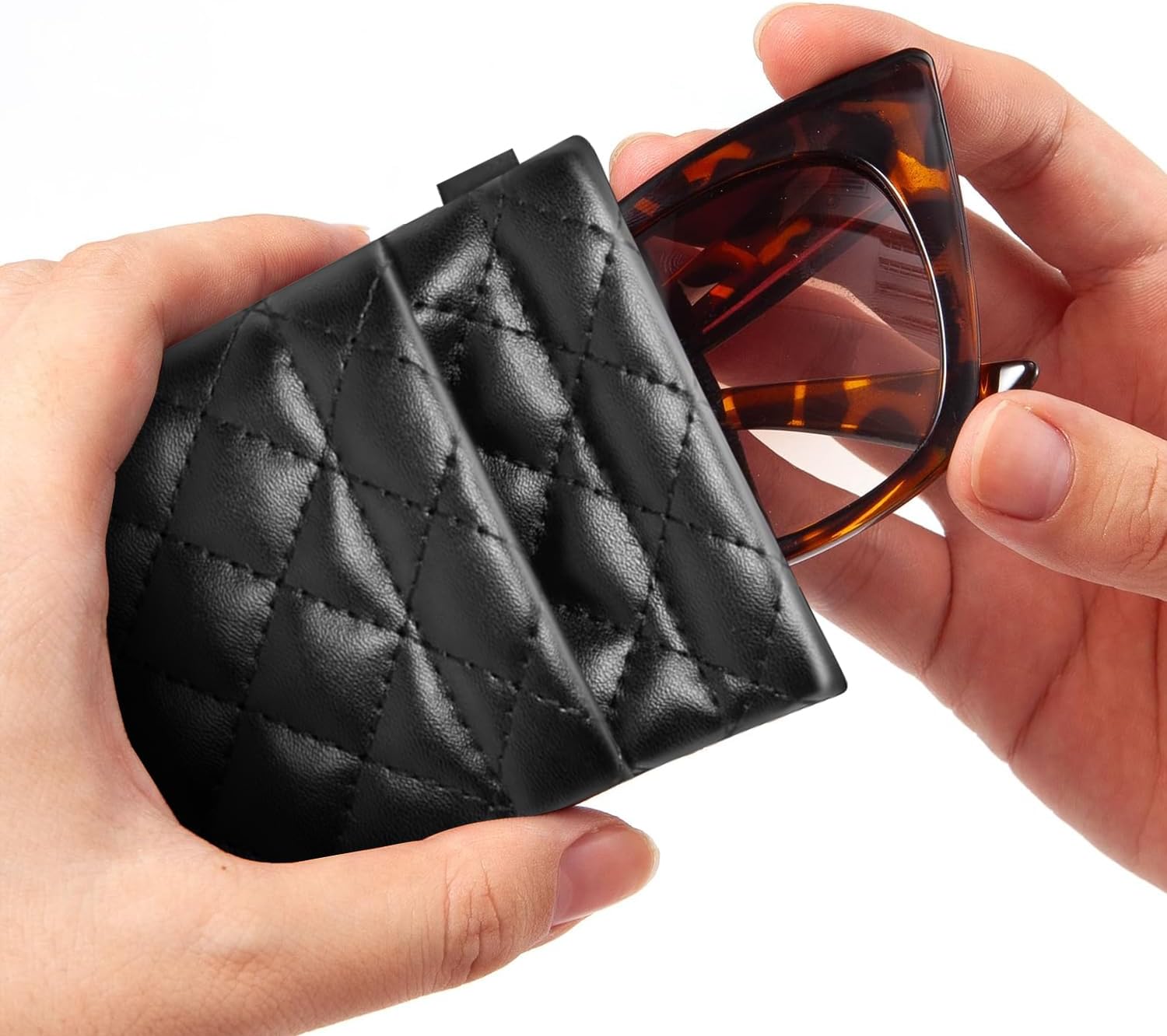 Double Eyeglass Case Squeeze Top Glasses Pouch, Leather Soft Sunglasses Case with Carrying Strap (Black) - Image 4