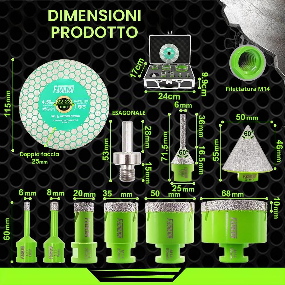 Punte Diamantate Gres Porcellanato - (6/8/20/25/35/50/68mm+6-25mm Fresa+50mm Punte Smusso+Adattatore)+115mm Disco Diamantate per Piastrelle Porcellana Piastrella Granito Marmo