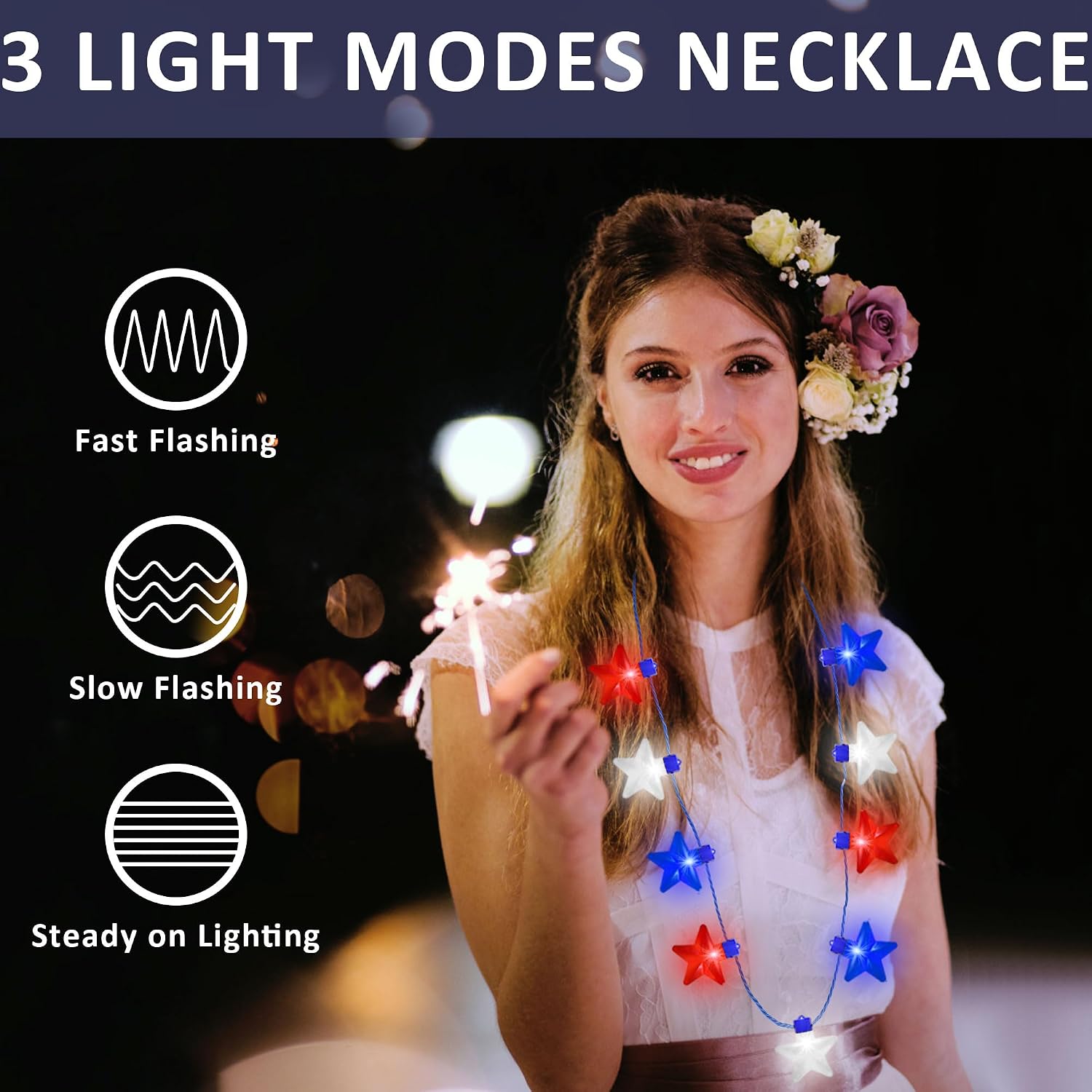 4th of July Accessories, 2Pcs Independence Day LED Holiday Light Up Stars Necklace, Red Blue White Flashing Necklace for 4th of July Parades Patriotic Celebration Themed Firework Party Memorial Day