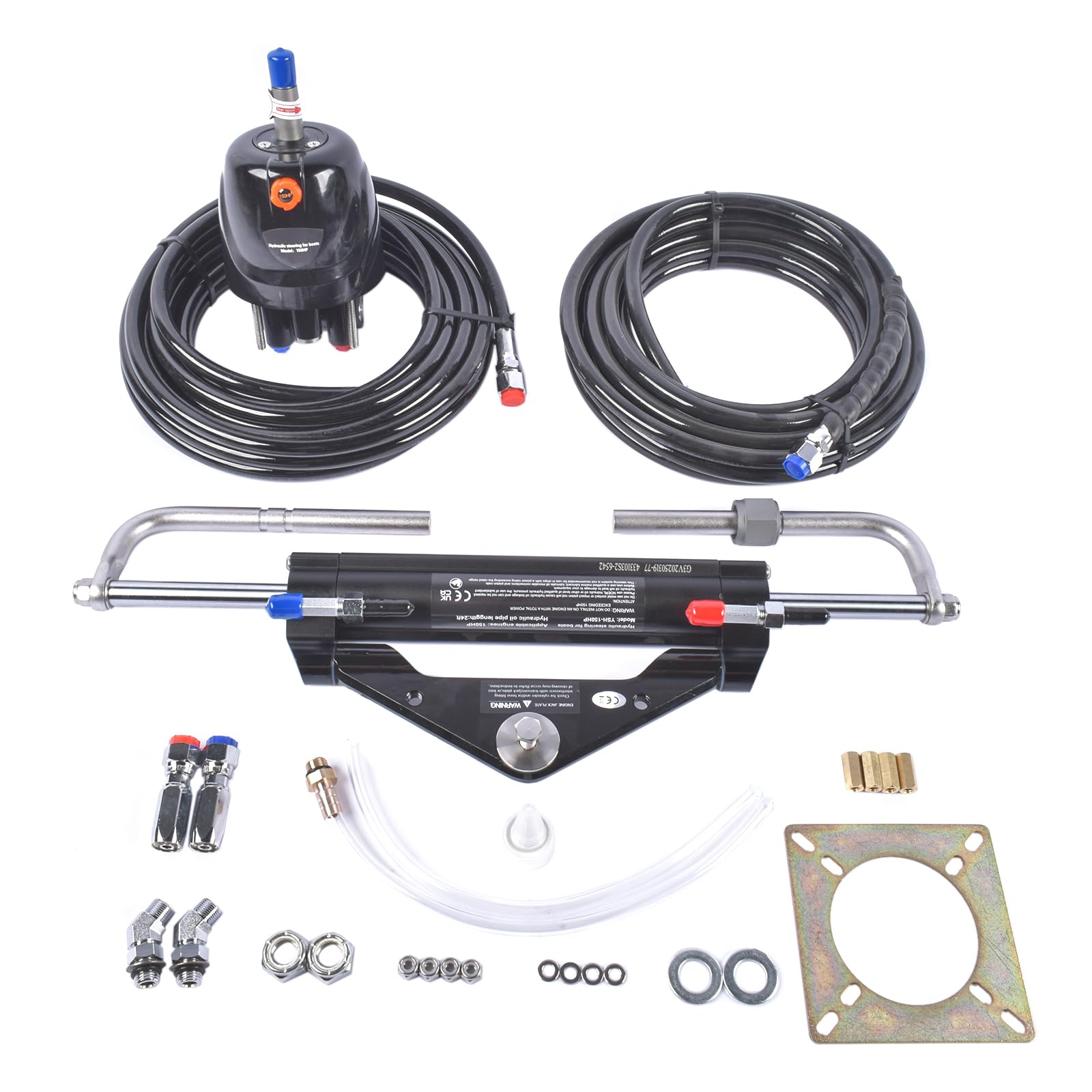 150HP Hydraulic Outboard Steering Kit, Two-Way Locking Cylinder, 2x 24FT Hydraulic Hoses & 150HP Pump, Single-Station Setup, Single-Engine use AKWH