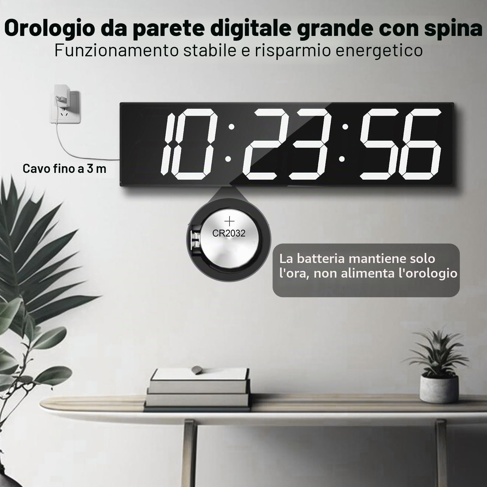 CHKOSDA Orologio digitale da parete, con dimmer automatico, con timer per conto alla rovescia con telecomando, display a LED largo 27.5in, 6 cifre, montaggio a parete, data e temperatura (bianco)