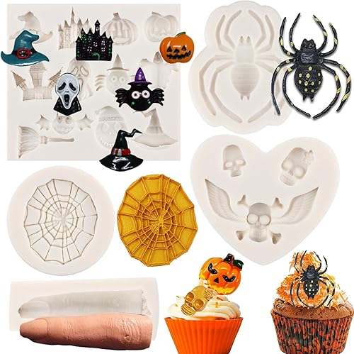 RFGHAC Molde de silicona para Halloween, molde de silicona para pastel de calabaza, fondant, magdalena, chocolate, esqueleto, mano, araña,