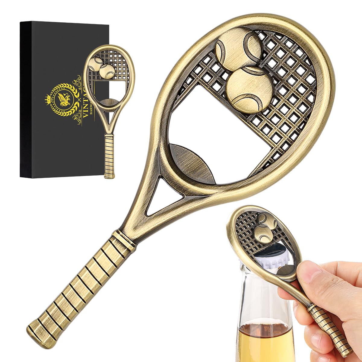 Tennis Racket Shaped Bottle Opener, Retro Bronze Metal Beer Opener, Kitchen Gadgets, Party Barbecue Tools, Tennis Player Gifts, Tennis Coach Gifts, Birthday Gift for Men Women, Gift Set with Box