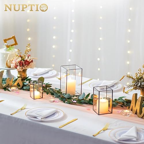 Miniatura 5 de NUPTIO Portavelas de cristal para huracanes 3 linternas negras geométricas portavelas de pilar decorativo centro de mesa de linterna para exteriores