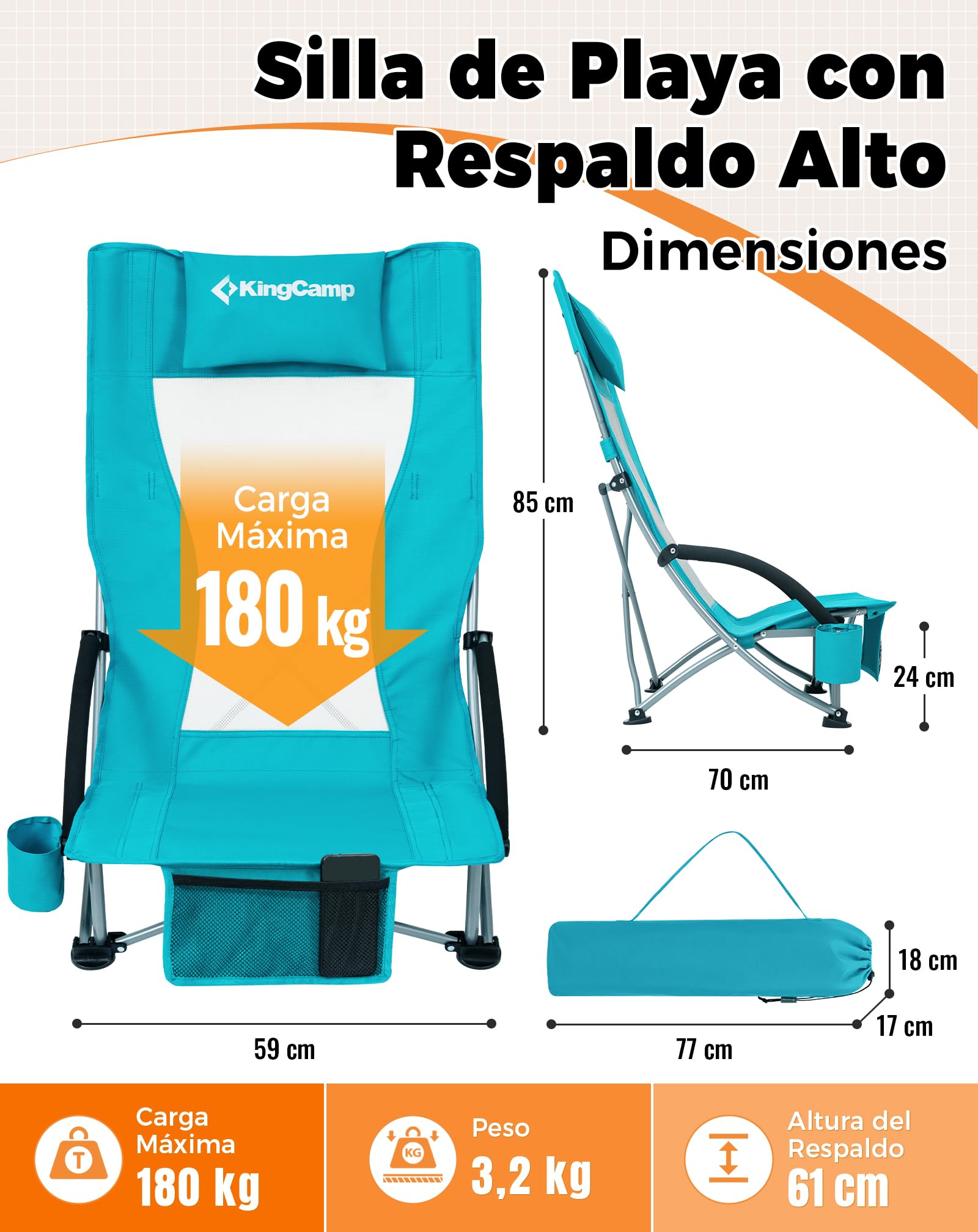 KingCamp Silla de Playa Baja Plegable Ligera Capacidad 180kg Silla Picnic Estabilidad Doble Tubo Silla Portátil para Conciertos Asiento Ancho y Bolsillo Cian