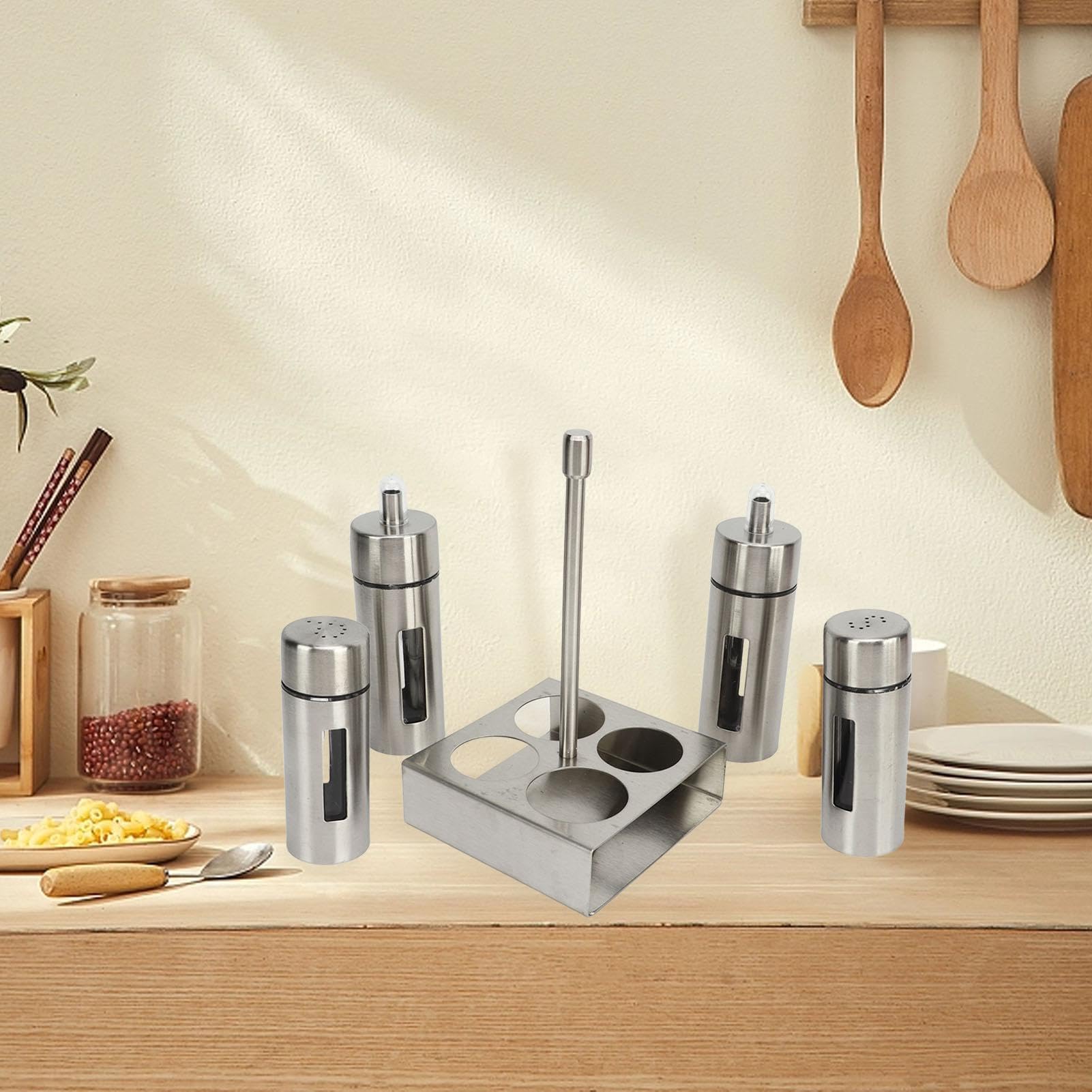 Nikou Set de Aceite y Vinagre, Salero y Pimentero, Acero Inoxidable Juego de 4 Botellas de Vinagre y Aceite, con Estante para Especias, Tarros de Especias para Cocina, Restaurante, Barbacoa