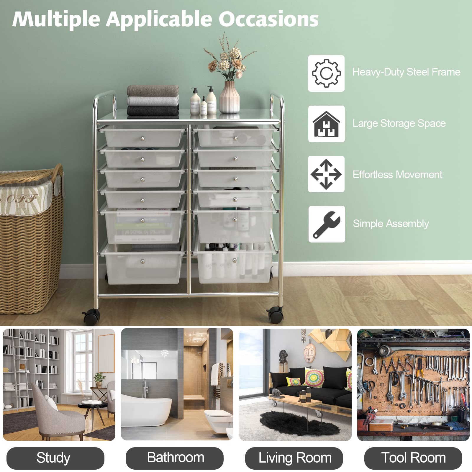 GIANTEX Carrello Portaoggetti con Ruote, 12 Cassetti Rimovibili, Carrello a Rotelle per Soggiorno, Ufficio, Camera da Letto, 64x38x75 cm, 3 Colori