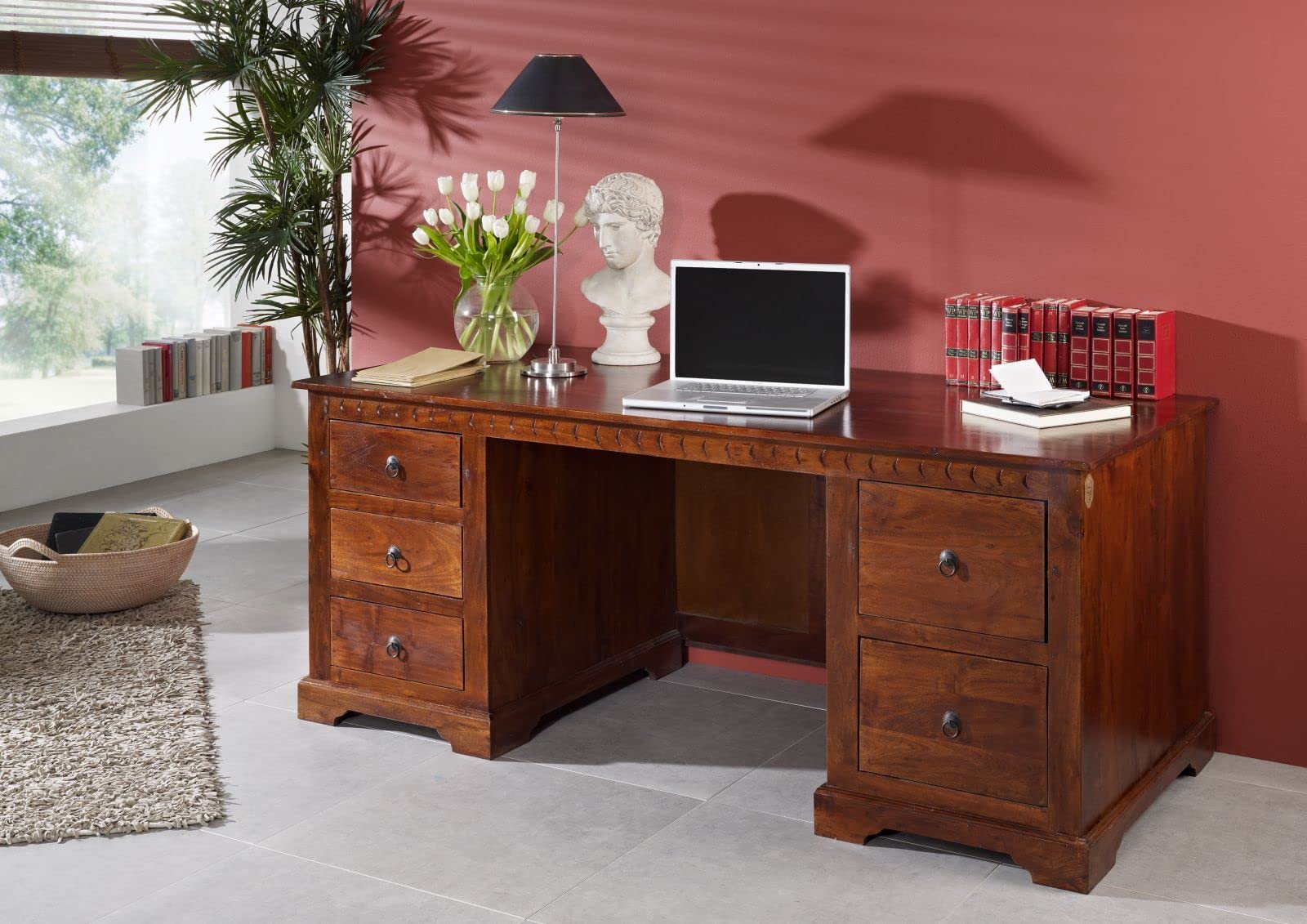 MASSIVMOEBEL24.DE | Oxford Schreibtisch Akazie 180x80x74, Farbe:Dunkelbraun lackiert, Größe:180x80x74 cm (BxTxH)