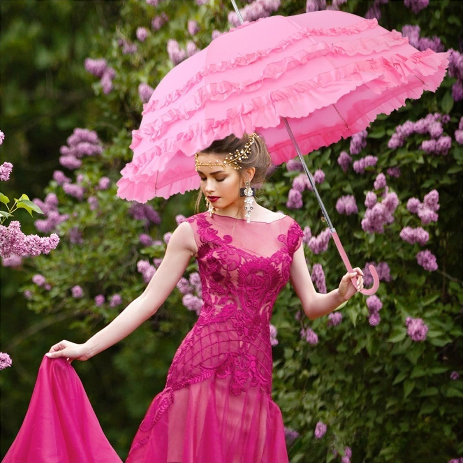 Koronkowy parasol ślubny Koronkowy parasol w kwiaty Wielowarstwowe wykończenie Parasol księżniczki Ślub panny młodej Ceremonia rekwizytu