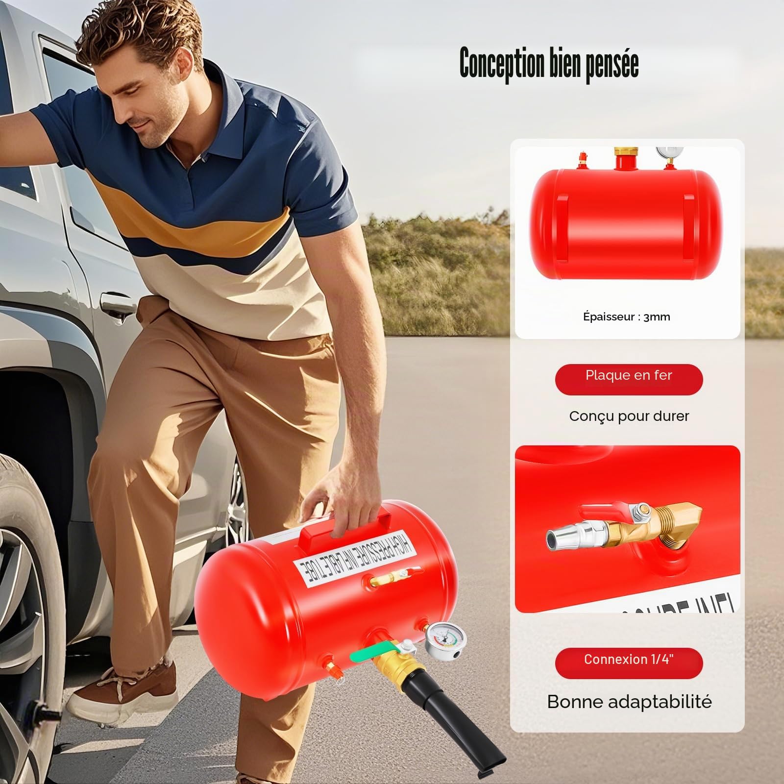 Gonfleur de pneu professionnel de 20 l - Booster de gonflage 20 litres - gonfleur de pneu à air pour différents types de pneus, Pression de gonflage maximale 10 bar