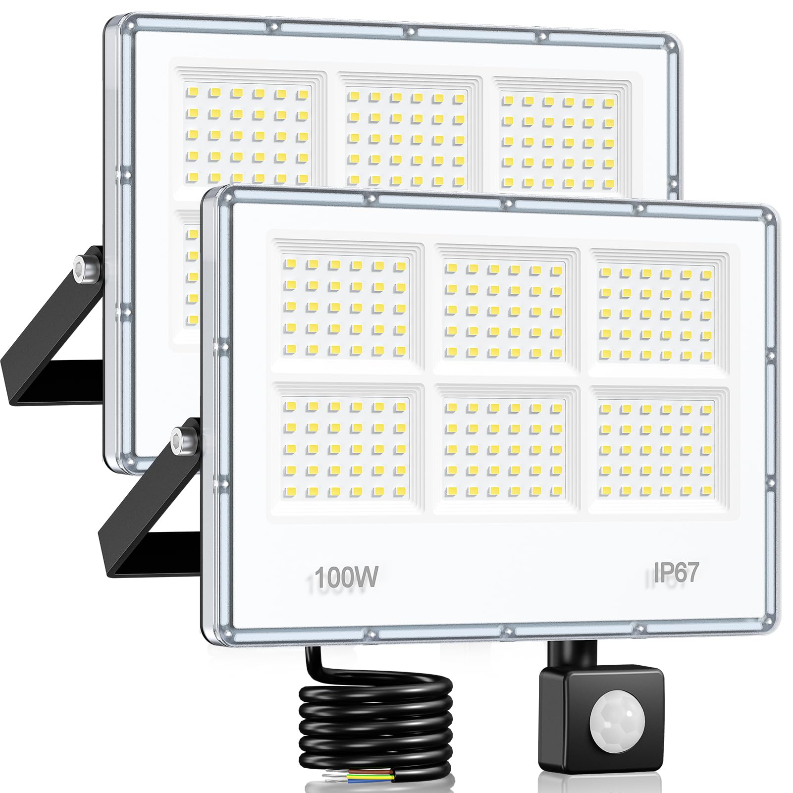 Foco LED Con Sensor De Movimiento - 2 Piezas 100W 10000LM 6 en 1 Luz Exterior Con Sensor De Movimiento, IP67 Impermeable Blanco 7000 K Proyector LED Exterior para Jardín, Patio, Garaje y Calle