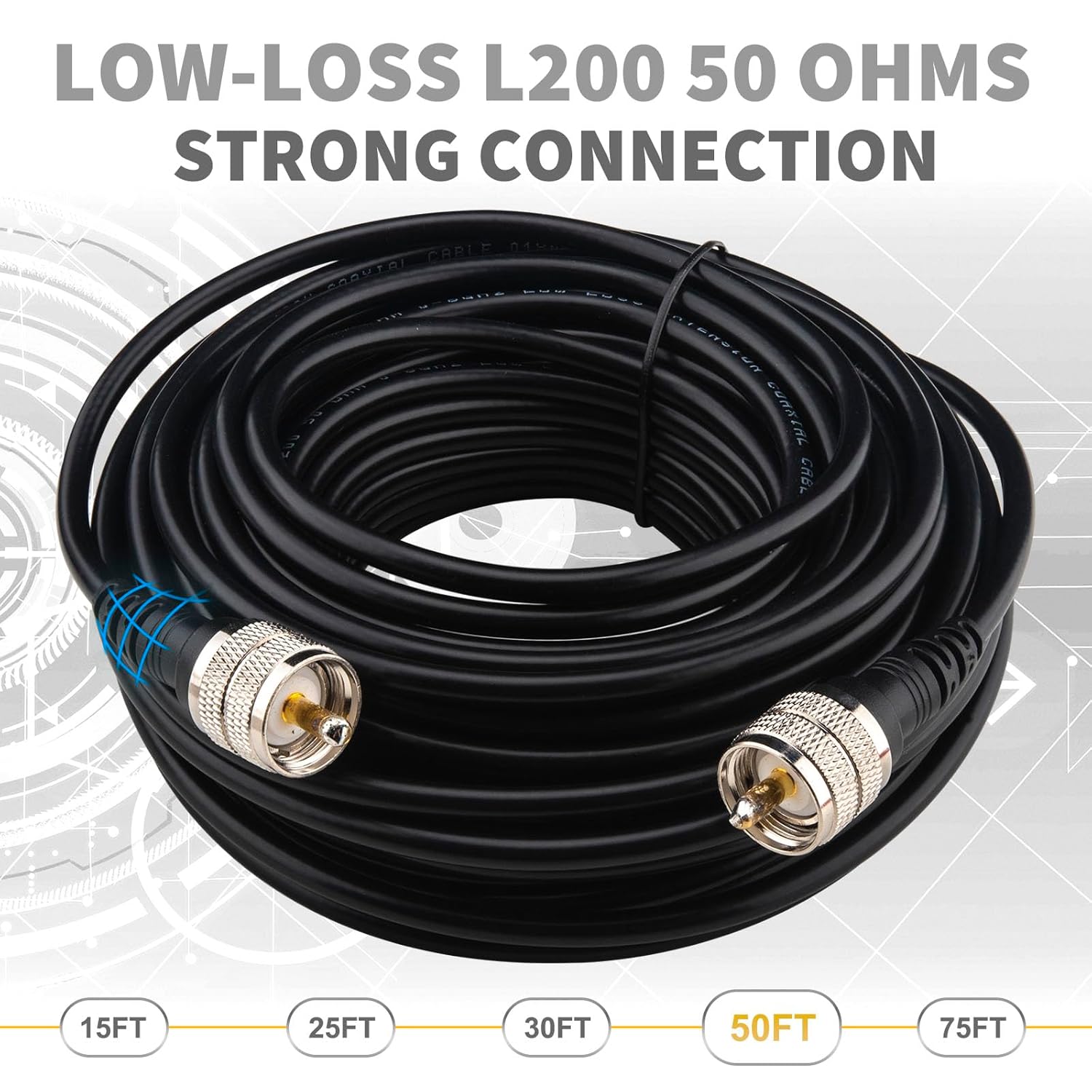 CB Coax Cable 75FT, Low Loss CB Antenna Cable Coax with PL259 Connectors, L200 Coaxial (LMR200 Equivalent), Flexible & Durable - 50 Ohm, for Ham Radio Antenna HF/VHF