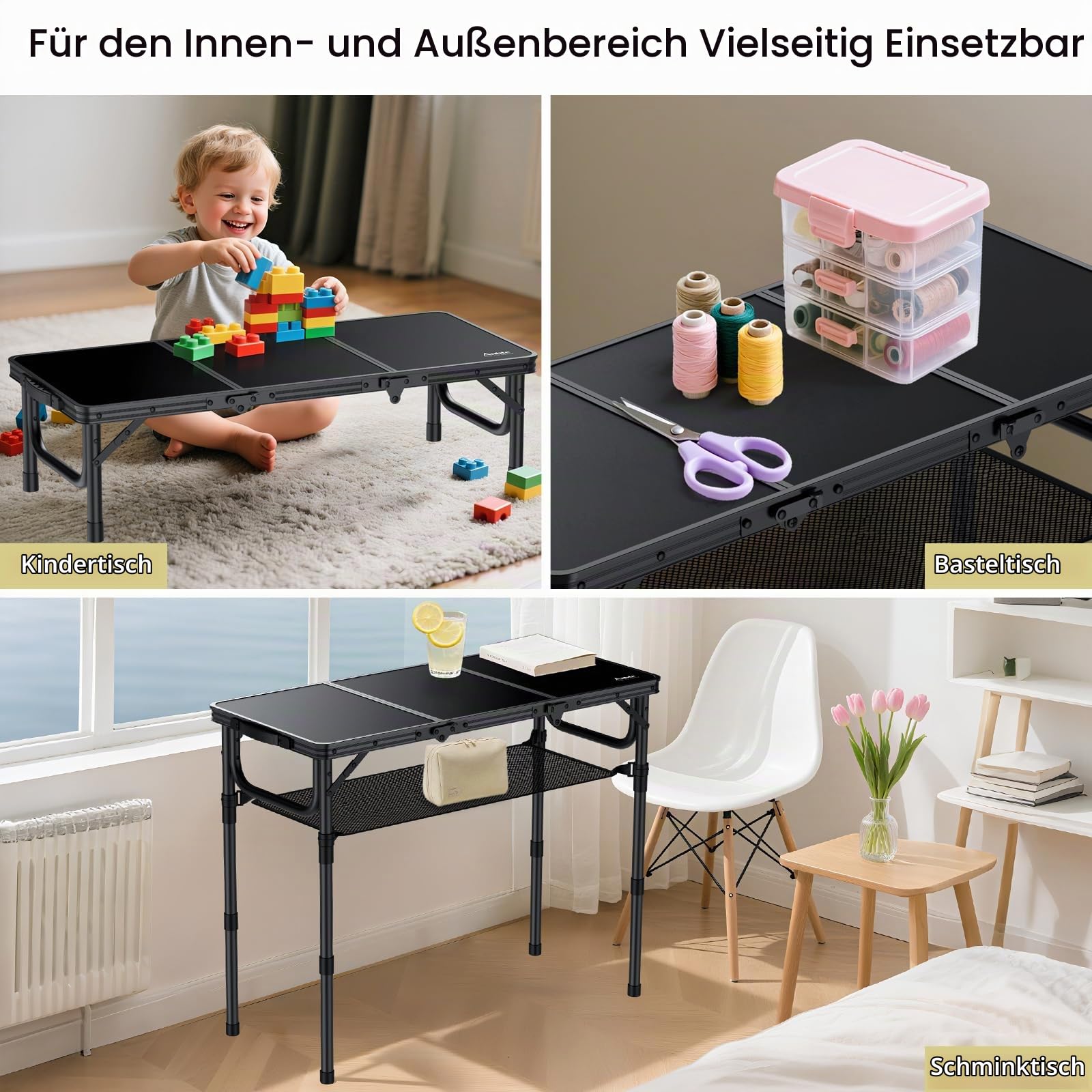 Anbte Campingtisch Klappbar 88x40cm Aluminium Rahmen 3 Höhenverstellbar 26/48/70cm Picknicktisch mit Aufbewahrungsnetz Tragbar Koffertisch Grilltisch für Camping Strand Balkon (Ganz Schwarz)