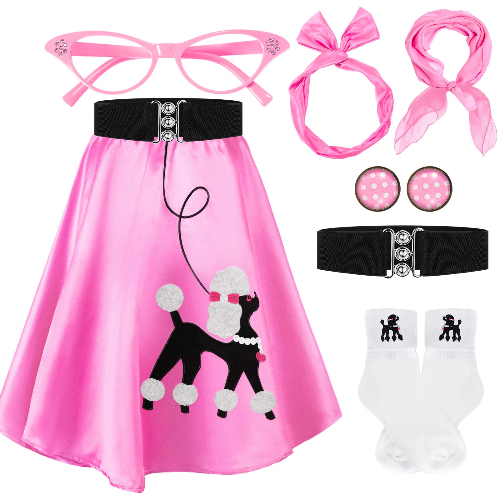 Women 1950s Poodle Skirt Costume Outfit Sock Hop Costume Skirt Scarf Belt Sock Eyeglass
