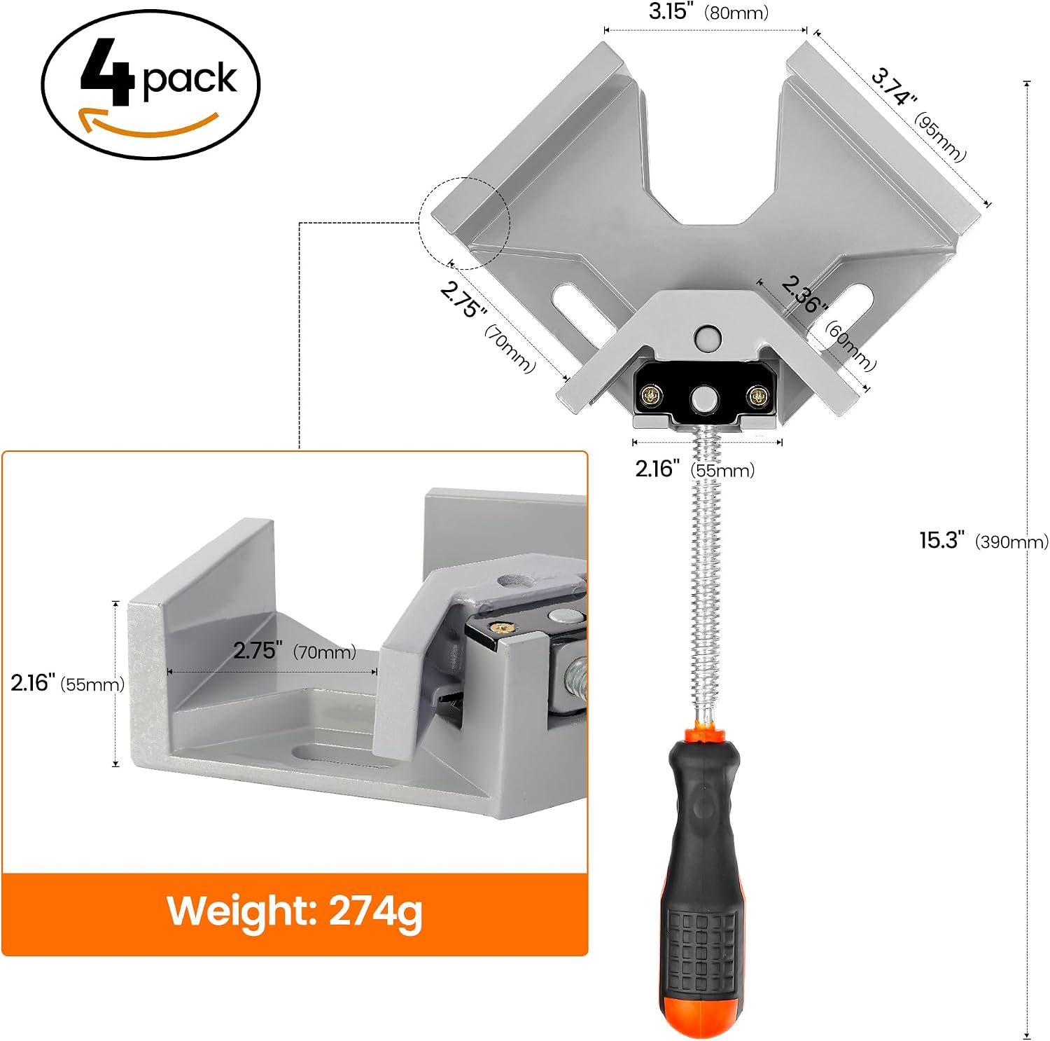 2 Pack Close Type Stainless Steel Corner Clamps, Right Angle Clamp 90 Degree Clamp for Photo Framing, Cabinets Installation Tools (Steel)