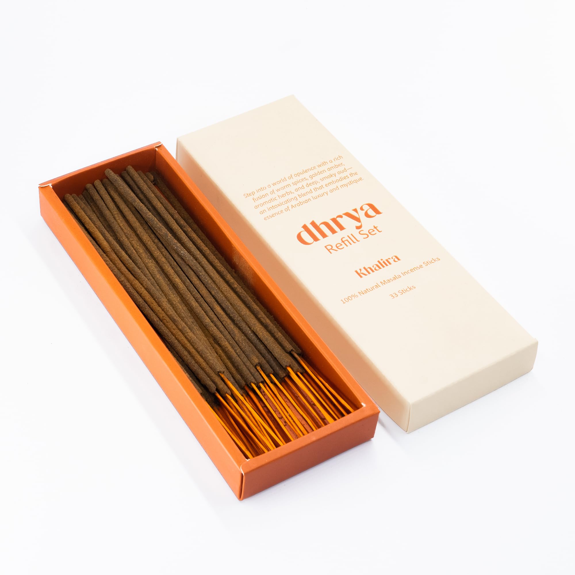 Dhrya Orange Khalira Oud Luxury Incense Stick Refills – Hand-Made Natural Masala Incense, Organic, Charcoal-Free, Spiced Oud Amber Aroma (33 Refill Sticks Only)