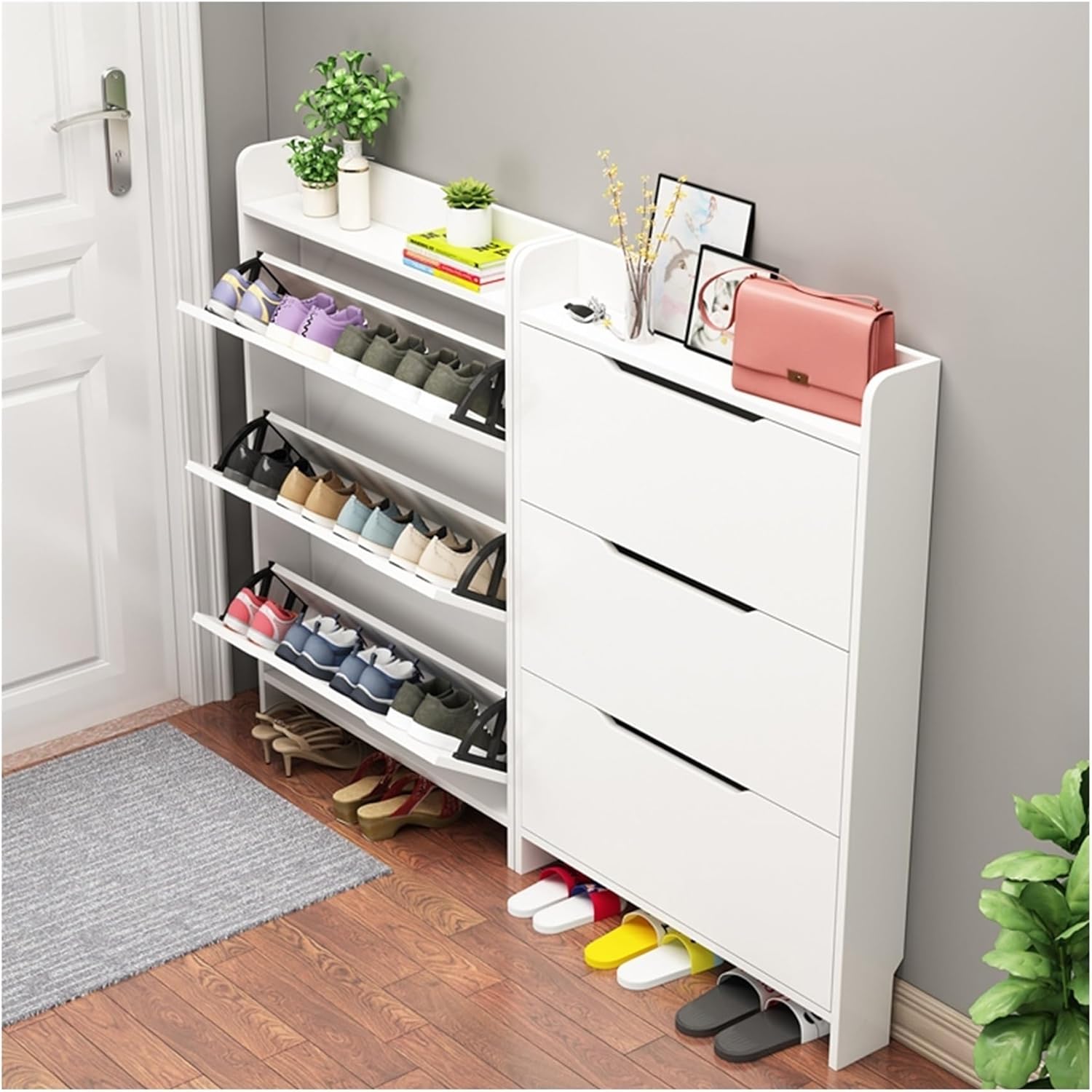 Shoe Storage Cabinet Cabinets Hallway Slim Cupboard Cupboards Hallways Slimline，Slim Entryway Shoe Cabinet - 3-Tier Hidden Organizer, Space-Saving Design for Small Areas, Tipping Bucket STYL