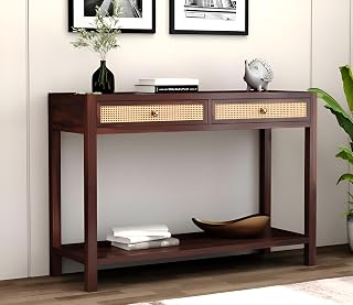 Solid Sheesham Wood Console Table for Living Room | Bedroom | Wooden Console Table with 2 Drawers and 1 Open Shelf Storage Home Furniture | Finish Color - Warm Chestnut Finish |