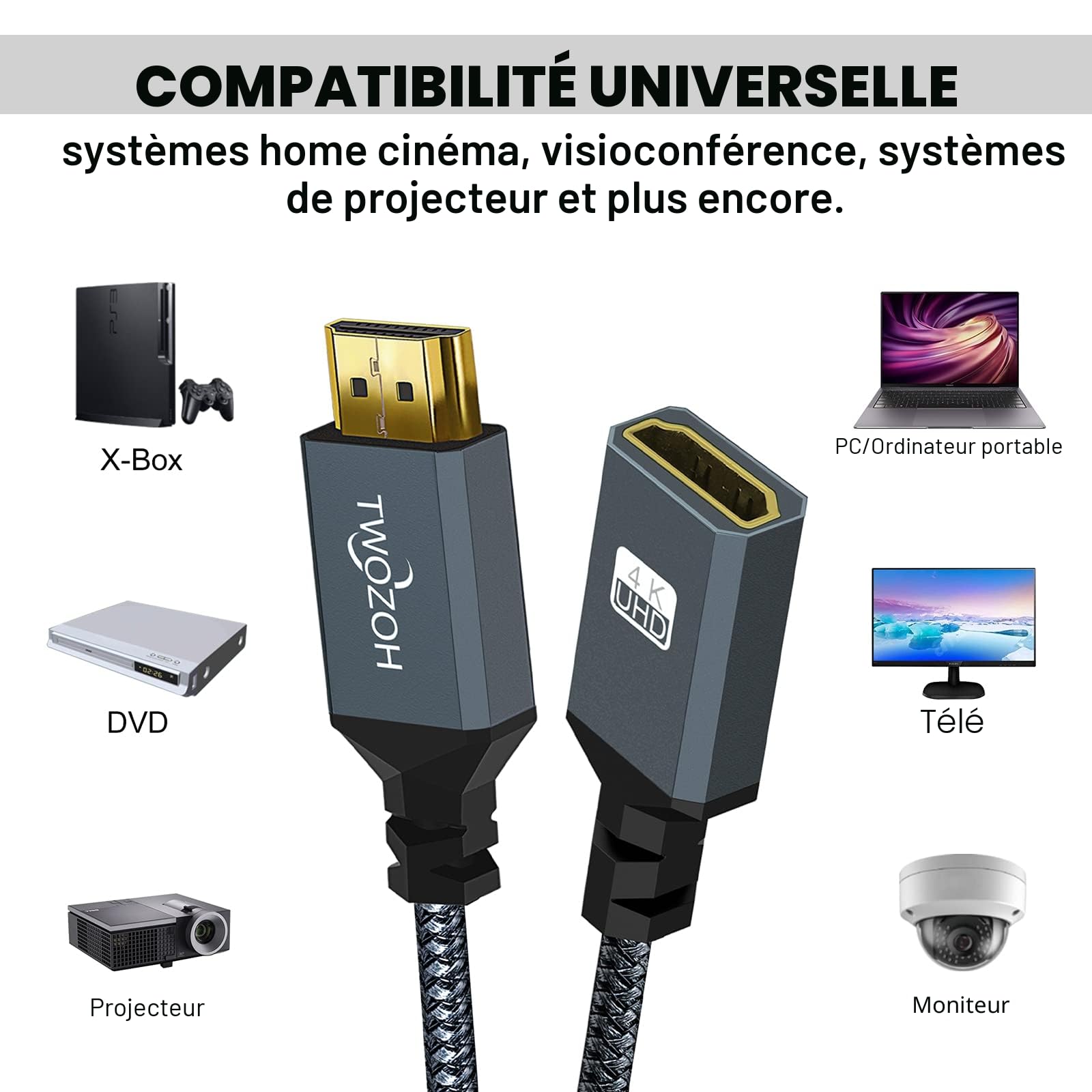 Câble d'Extension HDMI Mâle vers Femelle Twozoh, Rallonge Nylon Tressé 2.0 4K@60Hz 3D HDR (1,5M)