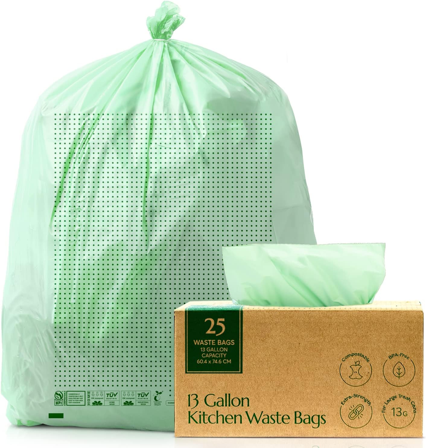 Cleanomic Compostable Trash Bags (13 Gallon, Tall) BPI Certified for Kitchen