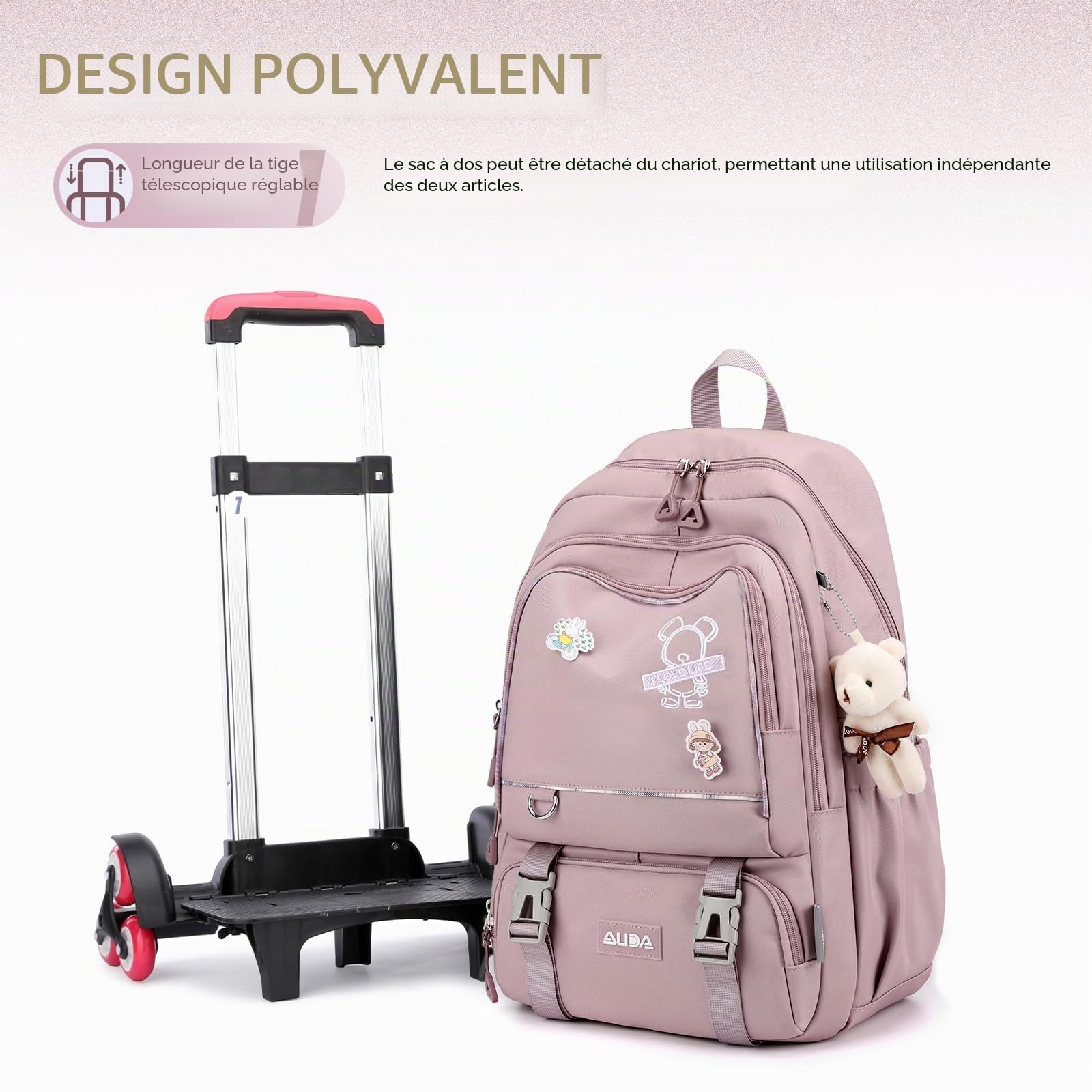 Amythe Cartable à Roulettes pour Fille Collège, Chariot Amovible, Violet