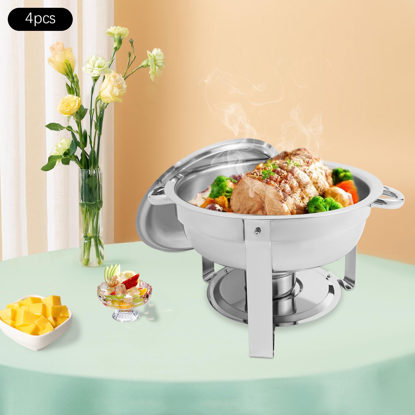 Okrągły zestaw naczyń Chafing Dish ze stali nierdzewnej, 4 x 4,5 l, podgrzewacz do potraw ze szklaną pokrywką i wanną na wodę, pojemnik utrzymujący ciepło do bufetu, cateringu i imprezy (41 cm