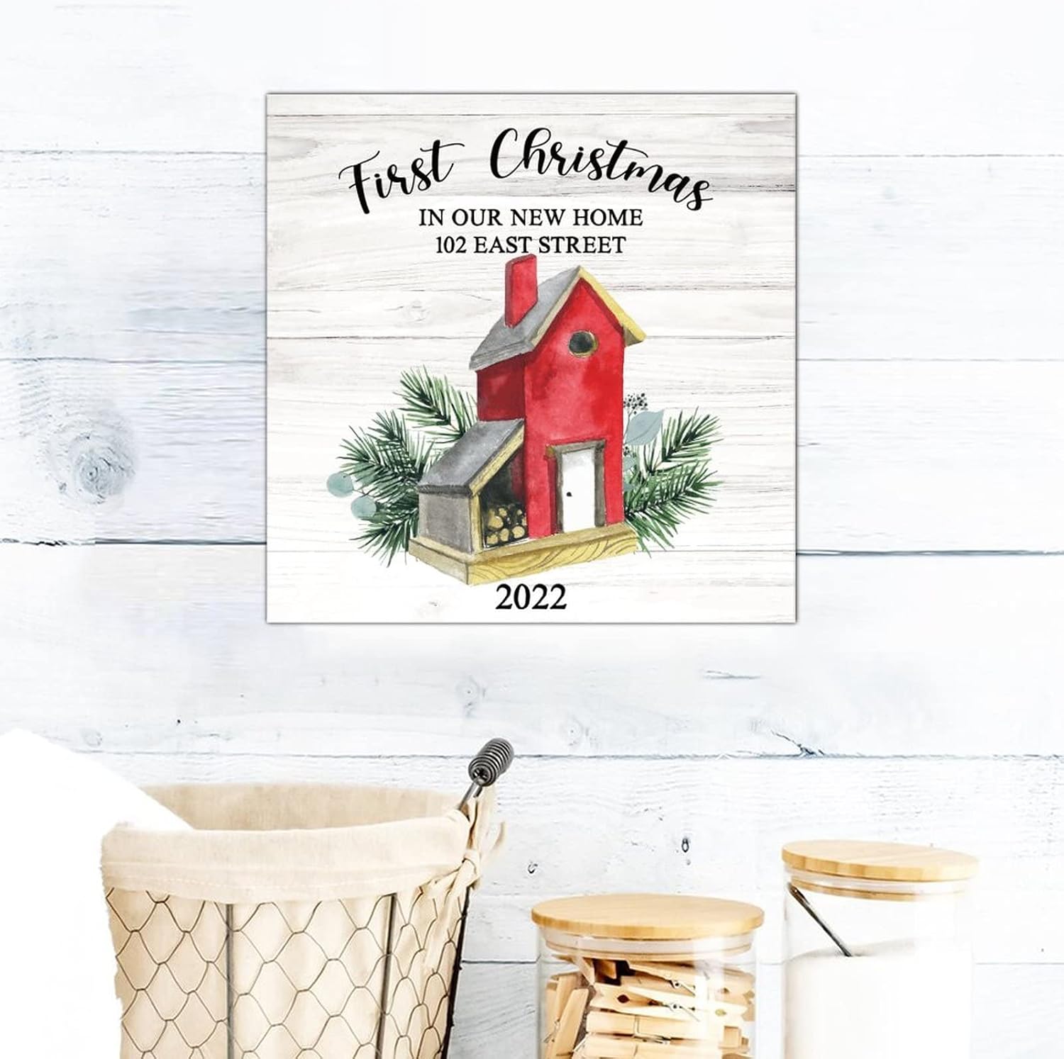 First Christmas in Our New Home Wooden Signs Winter House Custom Address Name Wall Art Sign Farmhouse Christmas Is Coming Hanging Wall Signs Decoration For Living Room Bedroom Front Door 16x16in