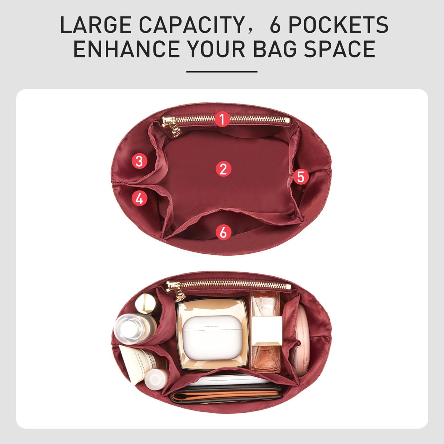 Purse Organizer Insert for Lv ALL In BB Handbag,Premium Lightweight Water Resistant All in BB Bag Insert,Bags Shaper Divider Purse Accessories with Zipper,White-Wine - Image 4