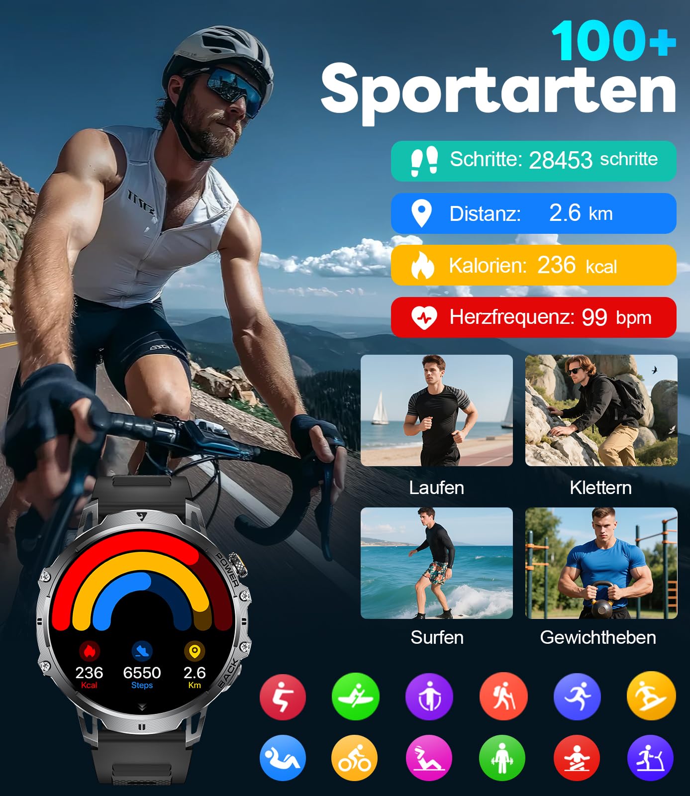 LIGE Militär Smartwatch Herren - 1000 mAh/1,85" HD Großes Touchscreen/LED-Licht, Fitnessuhr mit 110+ Sportmodi, Herz-/Schlaftracking,2 Armbändern,IP68 wasserdicht, Sportuhr für iOS/Android, Schwarz