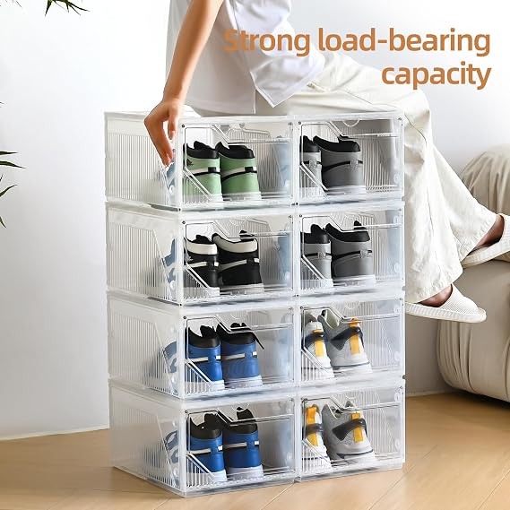 Large Shoe Boxes Clear Plastic Stackable,Drop Front Shoe Box with Clear Door, Shoe Containers For Sneaker Display,Fit up to US Size12 (white clear-Conjoined structure, 10 pack)