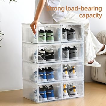 Large Shoe Boxes Clear Plastic Stackable,Drop Front Shoe Box with Clear Door, Shoe Containers For Sneaker Display,Fit up to US Size12 (white clear-Conjoined structure, 10 pack)