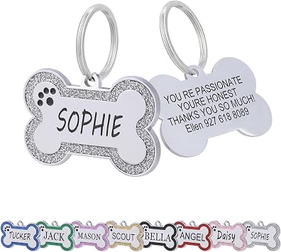 Personalized Dog Tags - Stainless Steel Deep Engraved Glitter Bone Shape Pet ID Tag, Double Sided Custom Text, Lightweight Durable Cat Dog Name Tag Grey, S
