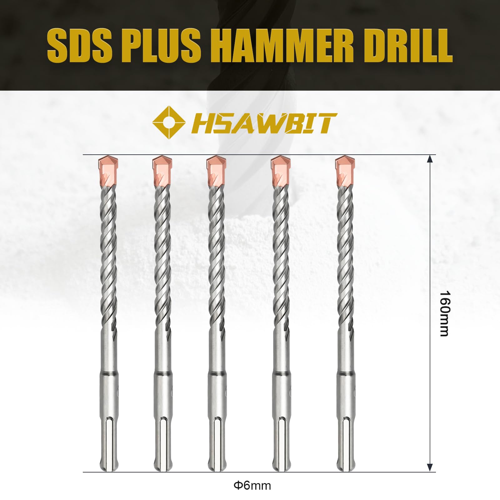 HSAWBIT 5 PACK OF - 6mm x 160mm LONG SDS MASONRY DRILL BIT, TUNGSTEN CARBIDE TIP SDS PLUS SHANK, FOR WALL STONE CONCRETE BRICK - Image 2