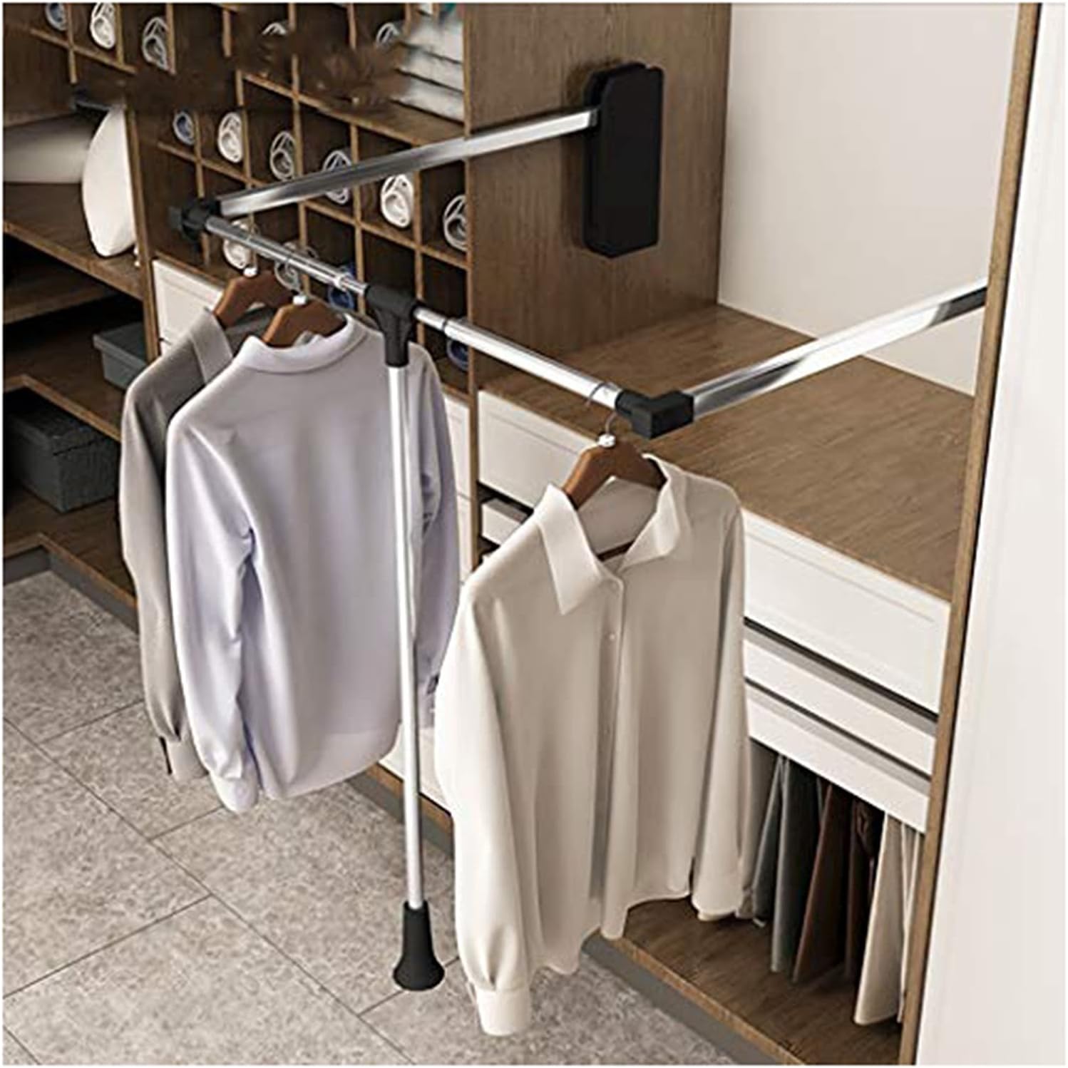 Adjustable Drop-down Wardrobe Rails, Retractable Hangers 450mm-1150mm, Heavy-Duty 25kg Capacity, Space-Saving Clothes Organizer for Efficient Storage