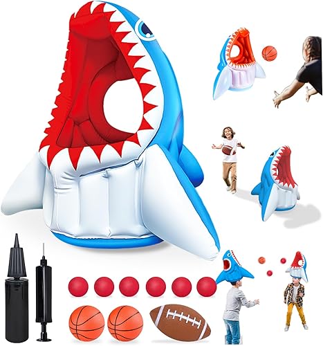 Miniatura 8 de Juguetes de juego de piscina, flotadores de piscina, juguetes de agua de tiburón  3 en 1 inflables de baloncesto y juegos de pelota de fútbol y aro