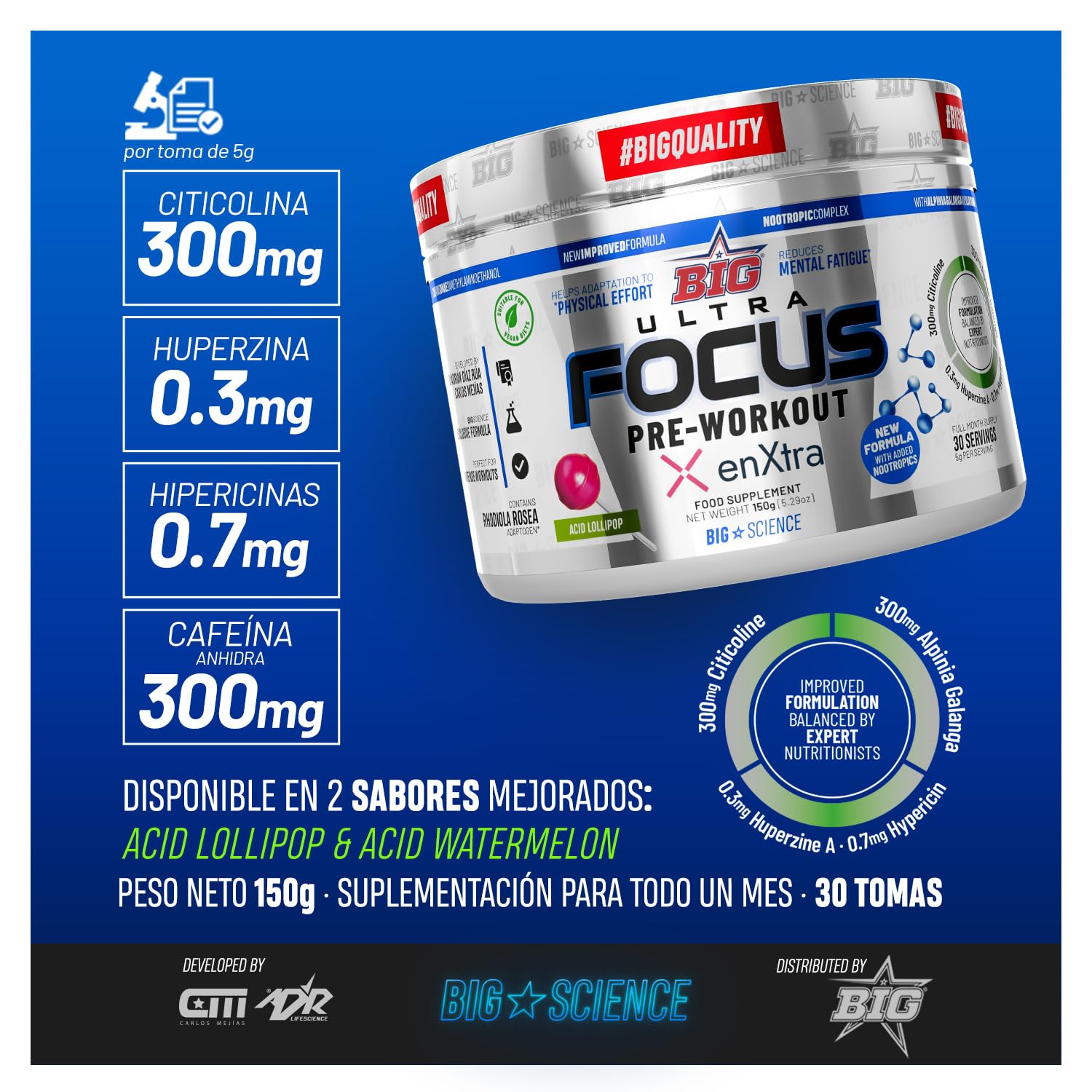 BIG - Pre Entreno Gimnasio - 30 Tomas - Pre Workout Potente con Nootropicos - Pre Entreno Fuerte con 300 mg Cafeina - Aumenta la Concentración y Reduce la Sensación de Fatiga (150g, Acid Lollipop)