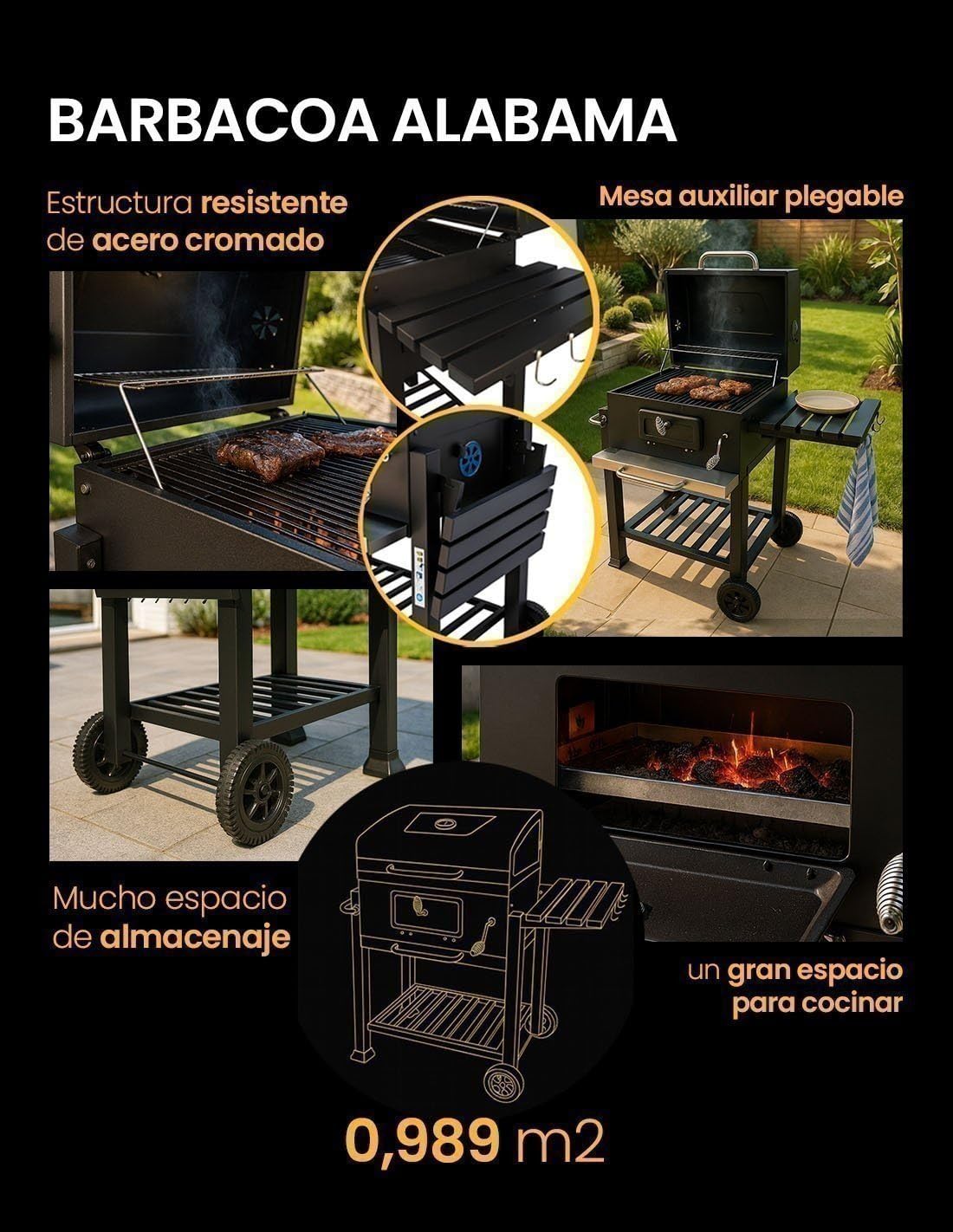 JARDIN202 - Barbacoa de Carbón Alabama Grande con Ruedas, Termómetro y Altura Ajustable | Parrilla Grill de Carbón con Carrito y Tapa | (Negro)