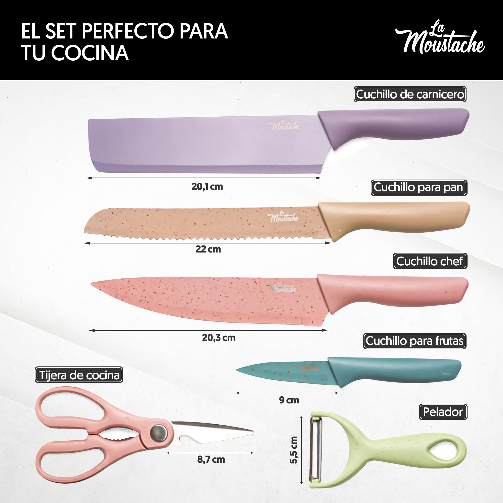 La Moustache Set de Cuchillos de Cocina Profesionales 6 Piezas Acero Inoxidable Antiadherente