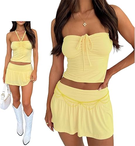 Women Sexy Summer 2 Piece Sets Drawstring Ruched Crop Tube Top Low Rise Ruffle M