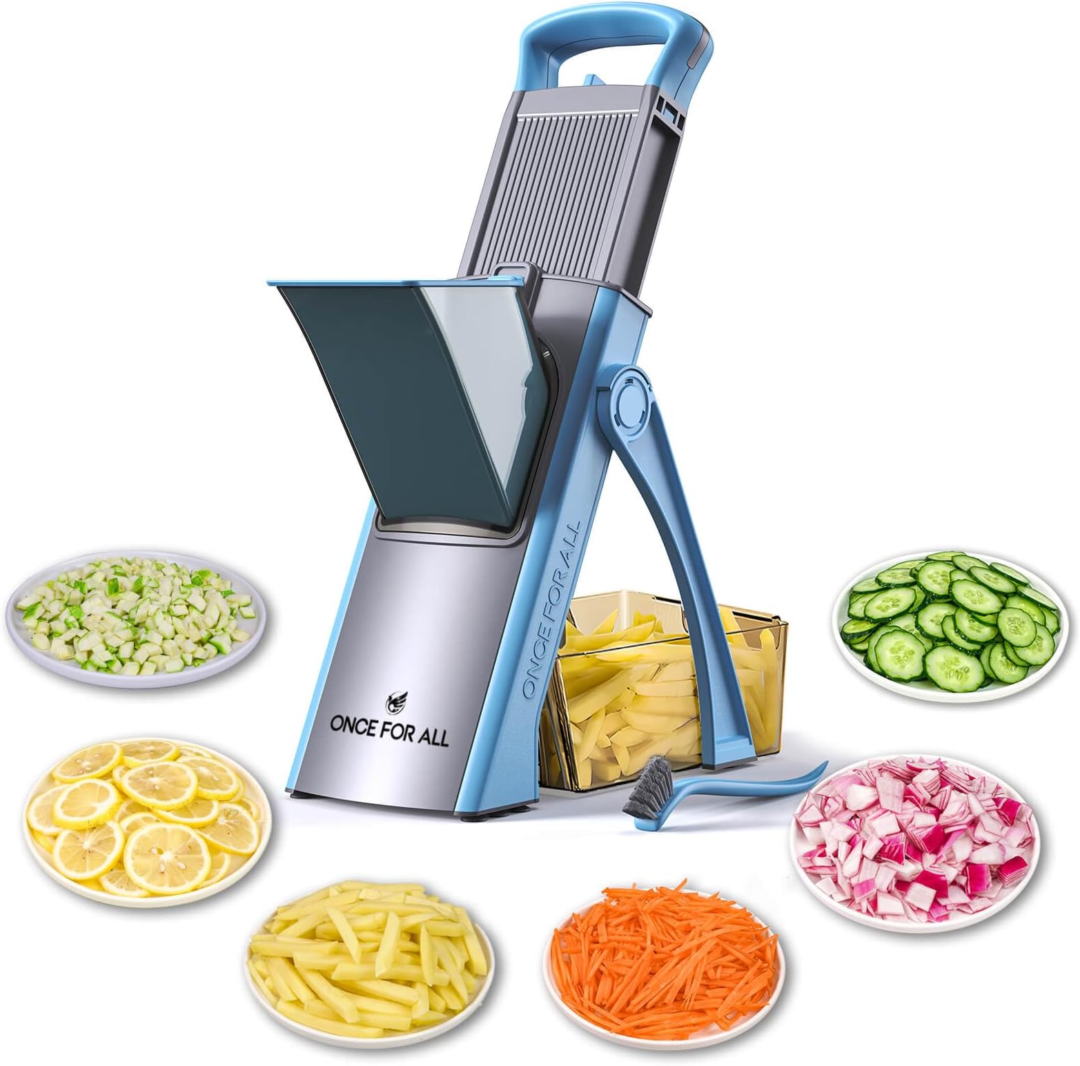 Vegetable Cutter with Collection Basin, Vegetable Slicer Ideal as a Chip Cutter & Potato Cutter, Onion Cutter, Cucumber Slicer, Cube Cutter, Julienne, Gift (Blue)