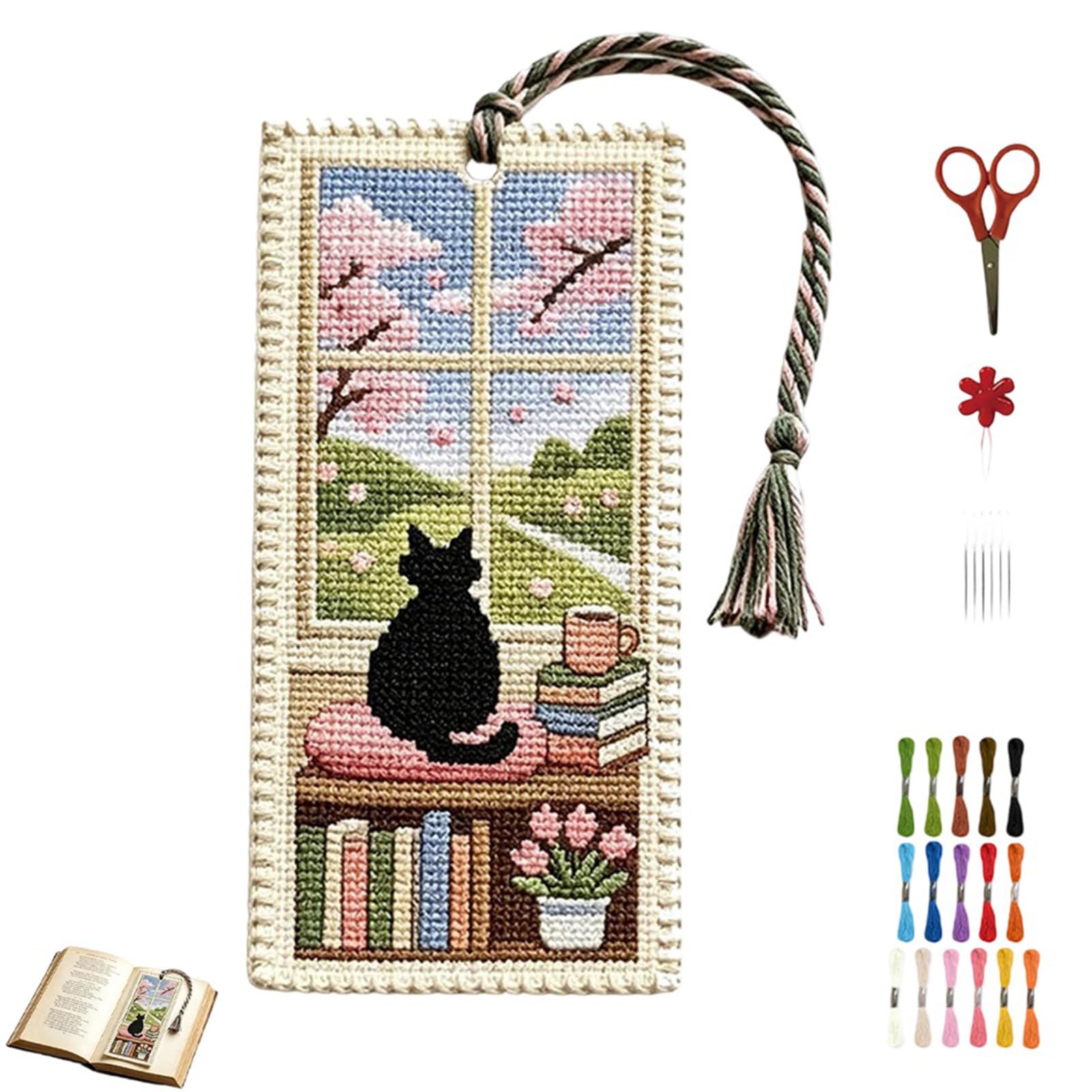 tiwuuyo Seasonal Cat Cross Stitch Bookmark Kit, DIY Embroidered Reading Cats by Window Design, Four Seasons Cozy Book Lover Bookmark, Handmade Cartoon Cat Stitching Kit Gift (3pc-a)