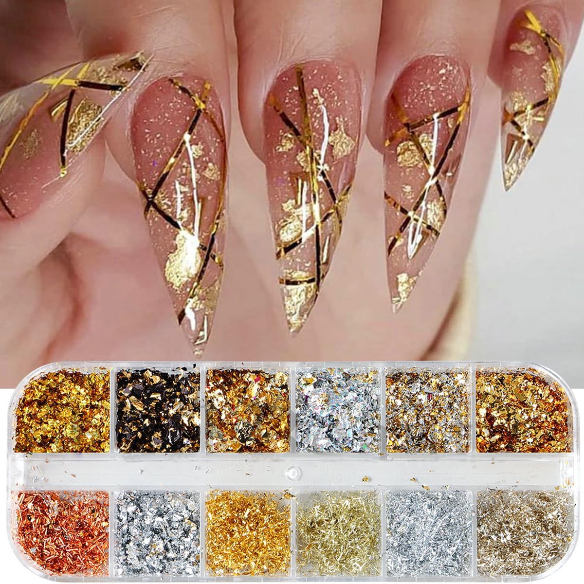 Yamobi Feuille d'or à ongles avec paillettes, 12 boîtes, pour nail art fait maison et poudre, décorations pour manucure fait maison