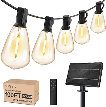 Solar String Lights Outdoor Waterproof 100ft with Remote and 52 Edison Bulb,Dimmable&Shatterproof,ST38 Solar Powered String Lights for Outside,Patio,Porch